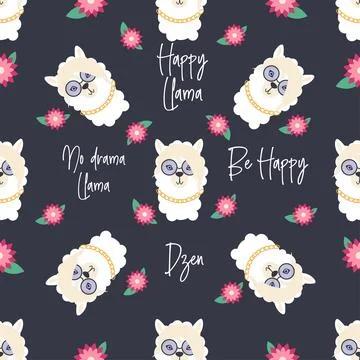 Seamless pattern with llama, alpaca faces. Cute drawings of llama head with.. Stock Illustration