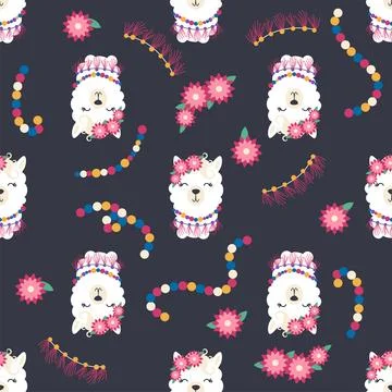 Seamless pattern with llama, alpaca faces. Cute drawings of llama head with h Stock Illustration