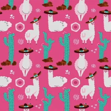 Seamless pattern with llama, alpaca,cactus and design elements on pink backgr イラスト素材