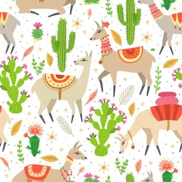 A seamless pattern with llama and cactus Stock Illustration