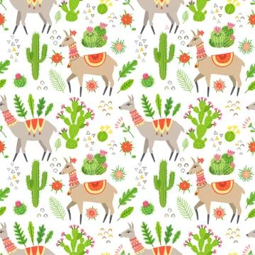 A seamless pattern with llama and cactus Stock Illustration