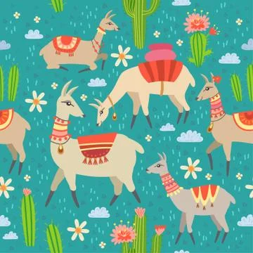 A seamless pattern with llama and cactus Stock Illustration