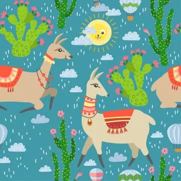 A seamless pattern with llama and cactus Stock Illustration