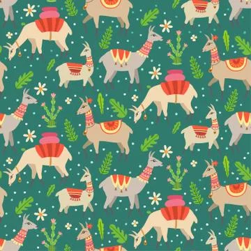 A seamless pattern with llama and cactus Stock Illustration