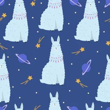 Seamless pattern with llama or alpaca in space. Hand drawn illustration. Stock Illustration