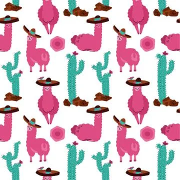 Seamless pattern with llama in sombrero, cactus and hand drawn elements. Crea Stock Illustration