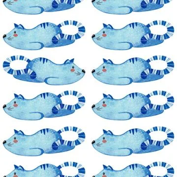Seamless pattern with llazy cat. Blue cat. Lazy animal. Stock Illustration