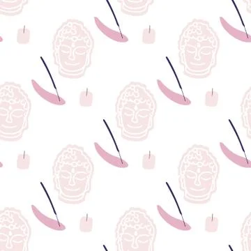 Seamless pattern with llustration a buddha symbol, incense stick and candle in Stock Illustration