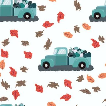 Seamless pattern with loaded fall teal truck and autumn leaves Stock Illustration