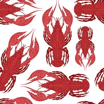 Seamless pattern with lobsters, made in hand sketch technique. Vintage tropic 스톡 일러스트