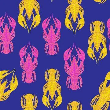 Seamless pattern with lobsters, made in hand sketch technique. Vintage tropic 스톡 일러스트