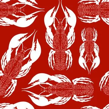 Seamless pattern with lobsters, made in hand sketch technique. Vintage tropic Stock Illustration
