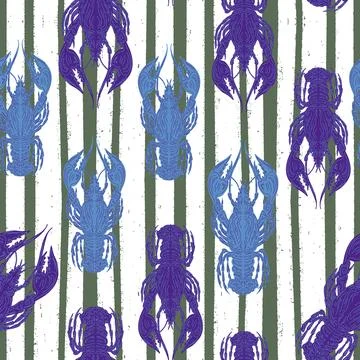 Seamless pattern with lobsters, made in hand sketch technique. Vintage tropic Stock-Illustration