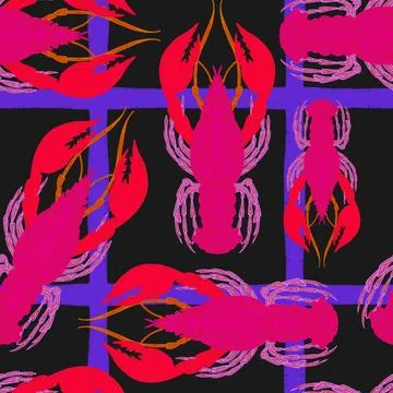 Seamless pattern with lobsters, made in hand sketch technique. Vintage tropic Stockillustratie