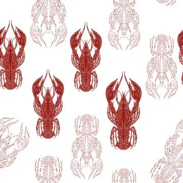 Seamless pattern with lobsters, made in hand sketch technique. Vintage tropic Stockillustratie