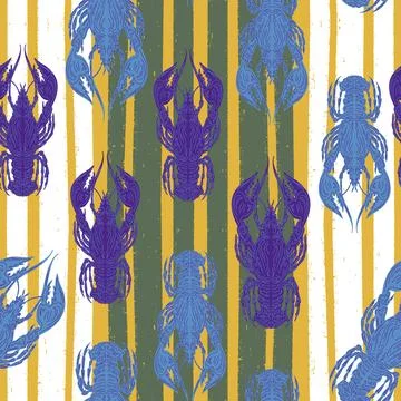 Seamless pattern with lobsters, made in hand sketch technique. Vintage tropic Stock Illustration