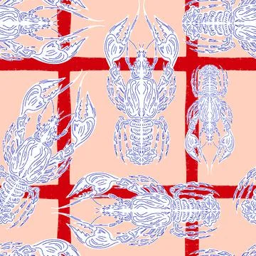 Seamless pattern with lobsters, made in hand sketch technique. Vintage tropic Stock Illustration