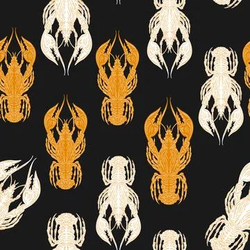Seamless pattern with lobsters, made in hand sketch technique. Vintage tropic Stock Illustration