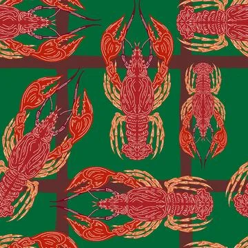 Seamless pattern with lobsters, made in hand sketch technique. Vintage tropic 스톡 일러스트
