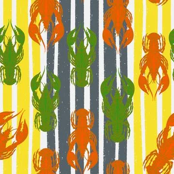 Seamless pattern with lobsters, made in hand sketch technique. Vintage tropic Stock Illustration