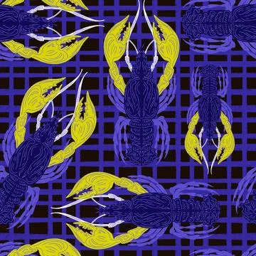 Seamless pattern with lobsters, made in hand sketch technique. Vintage tropic Stock-Illustration