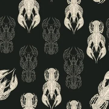 Seamless pattern with lobsters, made in hand sketch technique. Vintage tropic Stock-Illustration