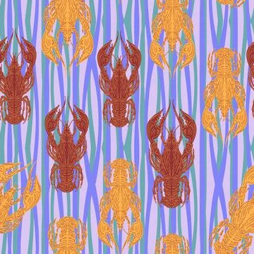 Seamless pattern with lobsters, made in hand sketch technique. Vintage tropic Stock Illustration