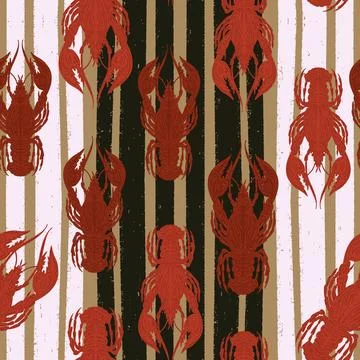 Seamless pattern with lobsters, made in hand sketch technique. Vintage tropic Stock Illustration