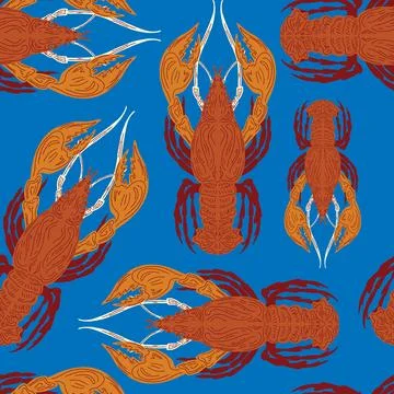 Seamless pattern with lobsters, made in hand sketch technique. Vintage tropic Illustrazione stock
