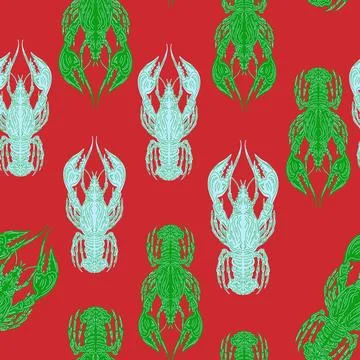 Seamless pattern with lobsters, made in hand sketch technique. Vintage tropic Stock Illustration