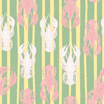 Seamless pattern with lobsters, made in hand sketch technique. Vintage tropic Stock Illustration
