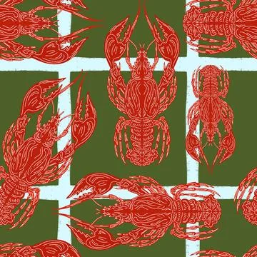 Seamless pattern with lobsters, made in hand sketch technique. Vintage tropic Stock Illustration