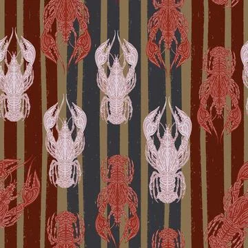 Seamless pattern with lobsters, made in hand sketch technique. Vintage tropic Stock Illustration