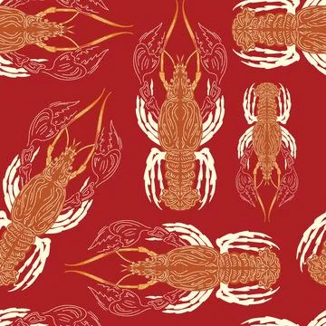 Seamless pattern with lobsters, made in hand sketch technique. Vintage tropic Stock Illustration