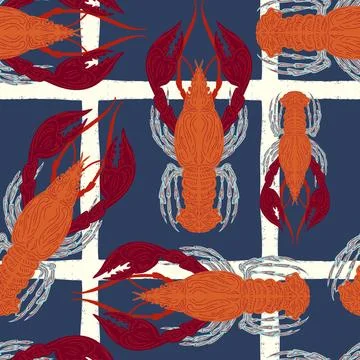Seamless pattern with lobsters, made in hand sketch technique. Vintage tropic Stockillustratie