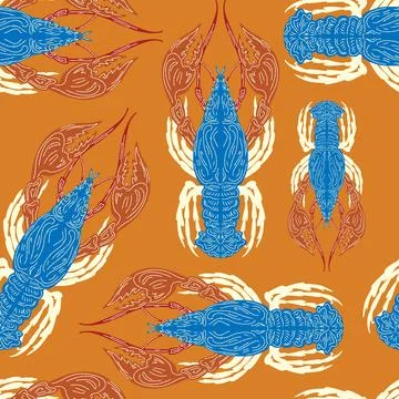 Seamless pattern with lobsters, made in hand sketch technique. Vintage tropic イラスト素材