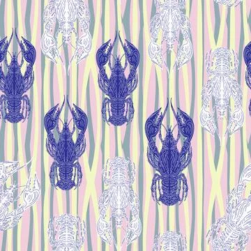 Seamless pattern with lobsters, made in hand sketch technique. Vintage tropic イラスト素材