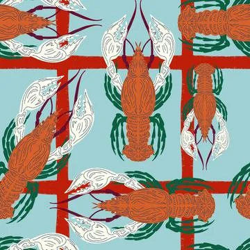 Seamless pattern with lobsters, made in hand sketch technique. Vintage tropic イラスト素材
