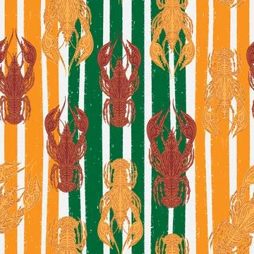 Seamless pattern with lobsters, made in hand sketch technique. Vintage tropic イラスト素材