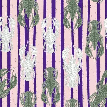 Seamless pattern with lobsters, made in hand sketch technique. Vintage tropic Stock Illustration