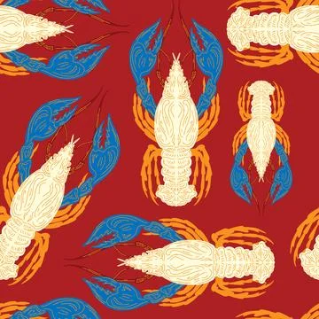 Seamless pattern with lobsters, made in hand sketch technique. Vintage tropic Stock Illustration