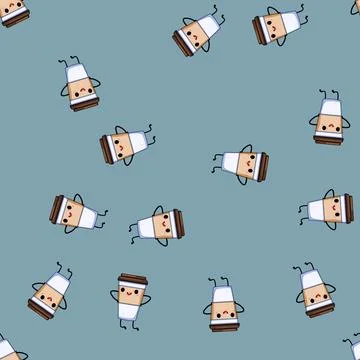 Seamless pattern logo coffee cup character cartoon vector Stock Illustration