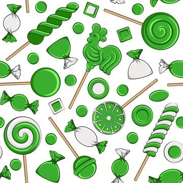 Seamless pattern with lollipop cockerel on stick and green sweets candy Stock Illustration