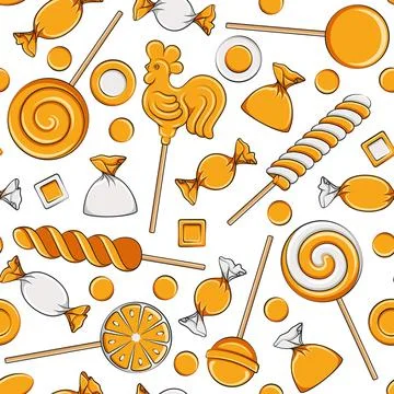 Seamless pattern with lollipop cockerel on stick and orange sweets candy Stock Illustration