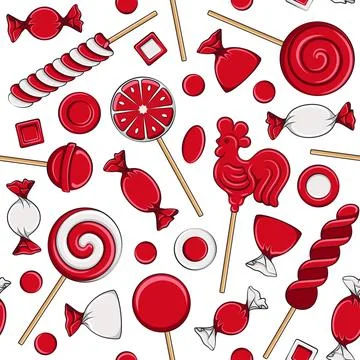 Seamless pattern with lollipop cockerel on stick and red sweets candy Stock Illustration