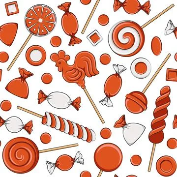 Seamless pattern with lollipop cockerel on stick and orange sweets candy Stock Illustration