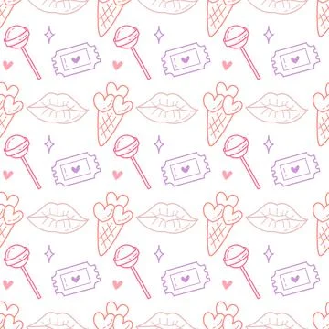 Seamless Pattern with Lollipop Ticket Lips Ice Cream and Heart Valentines Day Stock Illustration