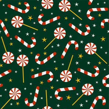 Seamless pattern lollipops among stars on dark green background Illustrazione stock