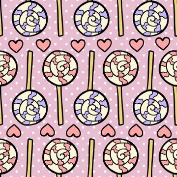 Seamless pattern with lollipops and hearts on dotted violet background 스톡 일러스트