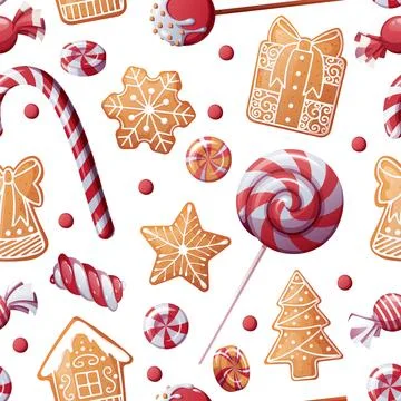 Seamless pattern with lollipops, candies and gingerbread cookies. Suitable fo Illustrazione stock